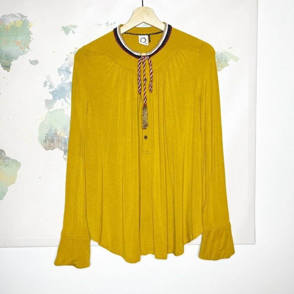 Anthropologie Akemi & Kin Size Small Blouse Mustard Yellow Tassels Flare Cuff